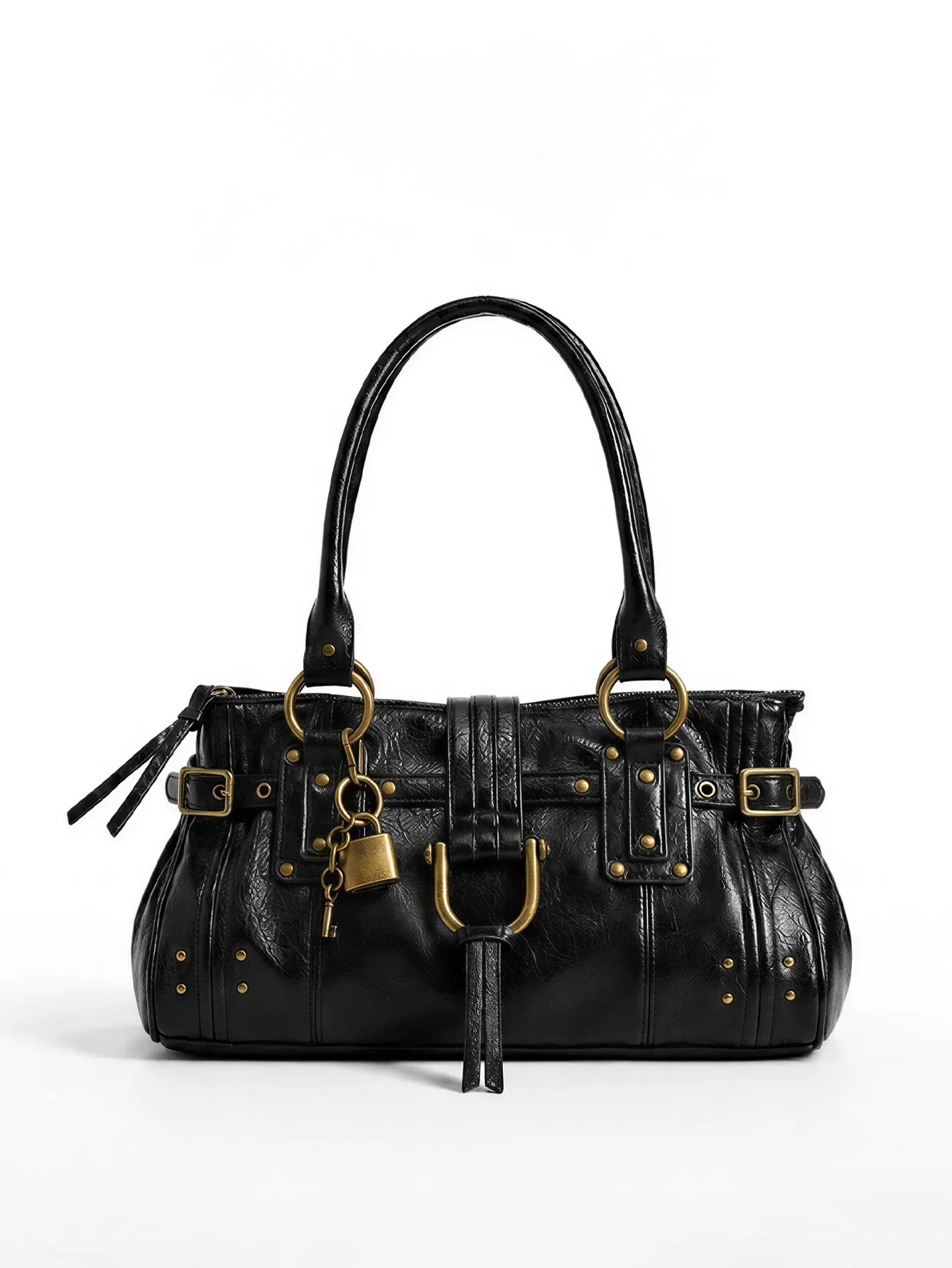 Women's single-shoulder bag, retro lock strap, underarm tote bag, women's riveted buckle spliced single-shoulder bag design hand
Women's single-shoulder bag, retro lock strap, underarm tote bag, women's riveted buckle spliced single-shoulder bag design hand