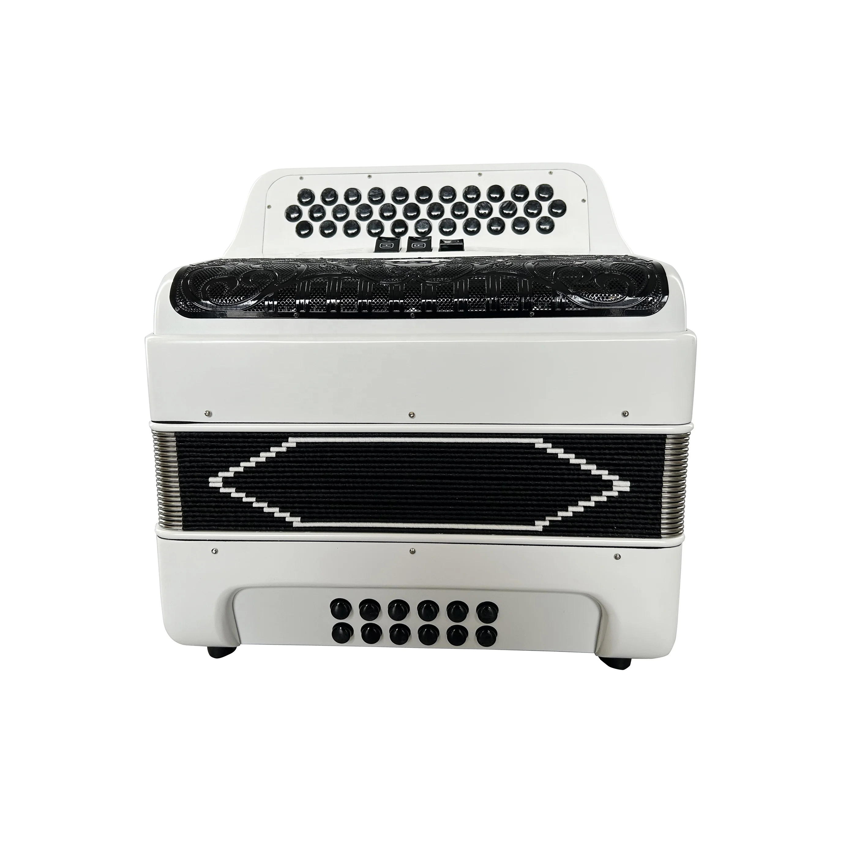 Professional JB3412C Accordion with 34 Buttons 12 Bass & 3 Registers Bright White Body Black Grill & Buttons
Professional JB3412C Accordion with 34 Buttons 12 Bass & 3 Registers Bright White Body Black Grill & Buttons
