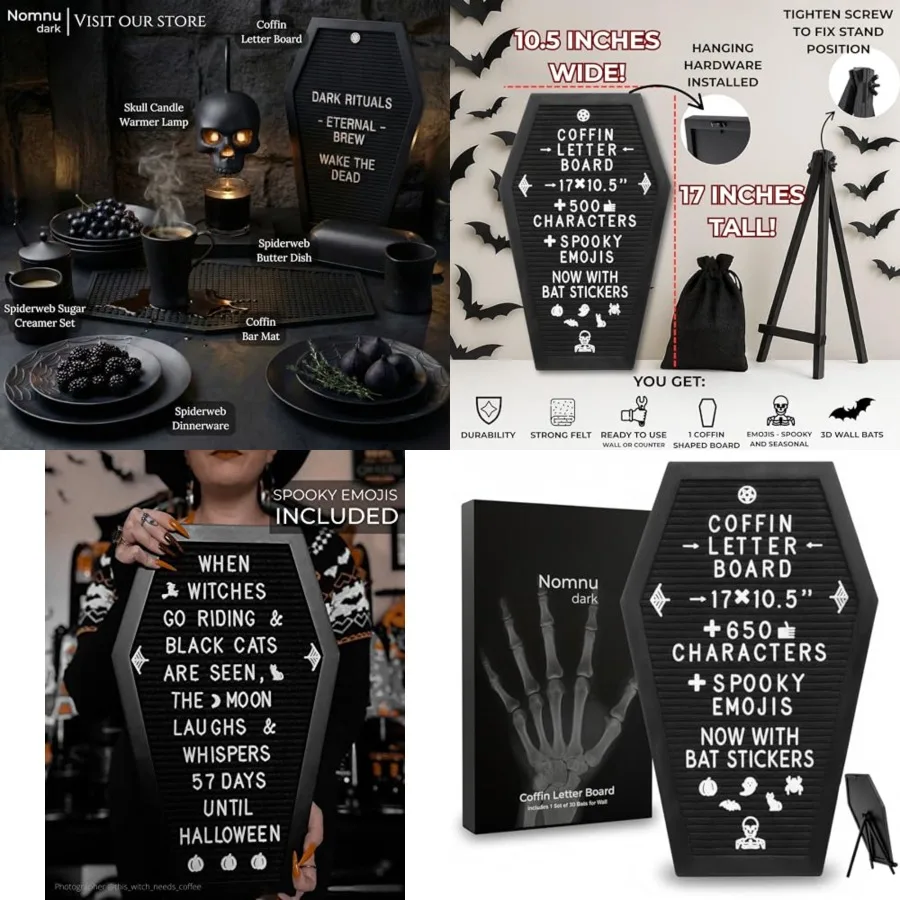 Coffin Letter Board Black +3D Bat Stickers +650 Characters, Spooky Seasonal Emojis, Wooden Stand - 17x10.5 Inches - Coffin Shap
Coffin Letter Board Black +3D Bat Stickers +650 Characters, Spooky Seasonal Emojis, Wooden Stand - 17x10.5 Inches - Coffin Shap