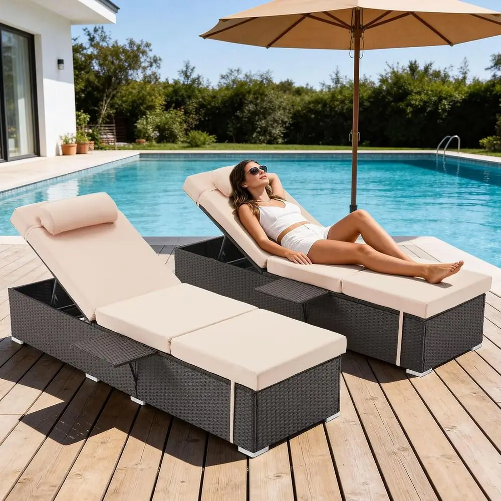 with Adjustable Backrest Set o 2, 6-Position Reclining Lounger Pool Chair, Thick 3-Inch Cushion & Side Tray, All-Weather PE Wick
with Adjustable Backrest Set o 2, 6-Position Reclining Lounger Pool Chair, Thick 3-Inch Cushion & Side Tray, All-Weather PE Wick