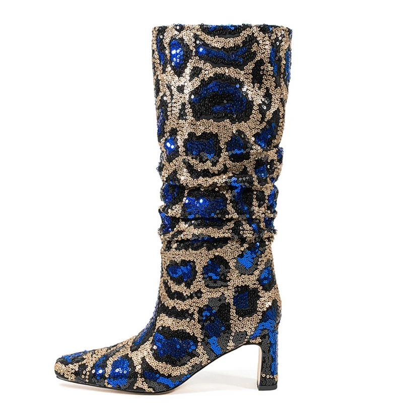 Women's Piled Pleated Upper Knee High Boots Chunky High Heels Leopard Print Shoes Big Size 45 Bling Glitter Long Booties
Women's Piled Pleated Upper Knee High Boots Chunky High Heels Leopard Print Shoes Big Size 45 Bling Glitter Long Booties