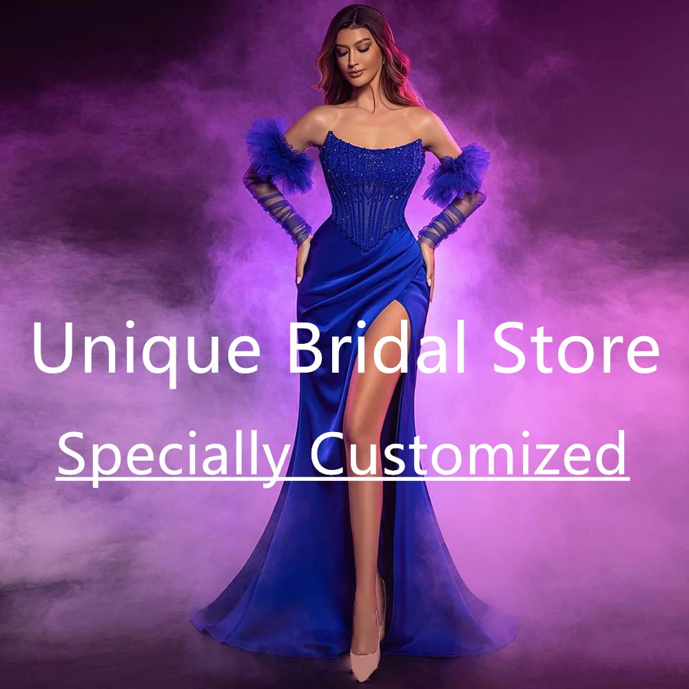 Satin Mermaid Prom Dresses Scoop Neck Detachable Long Sleeve Beading High Split Pleated Sweep Train Backless Sexy Evening Dress
Satin Mermaid Prom Dresses Scoop Neck Detachable Long Sleeve Beading High Split Pleated Sweep Train Backless Sexy Evening Dress