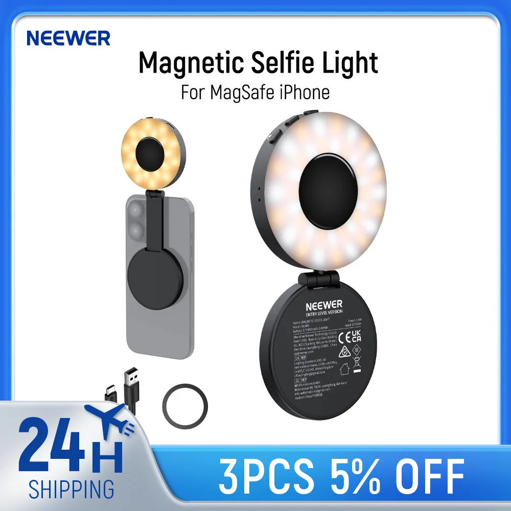 NEEWER Magnetic Selfie Light Compatible with MagSafe iPhone, 4 Mode CRI95+ 1.5W Plastic Folding LED Phone Fill Ring Lighting
NEEWER Magnetic Selfie Light Compatible with MagSafe iPhone, 4 Mode CRI95+ 1.5W Plastic Folding LED Phone Fill Ring Lighting