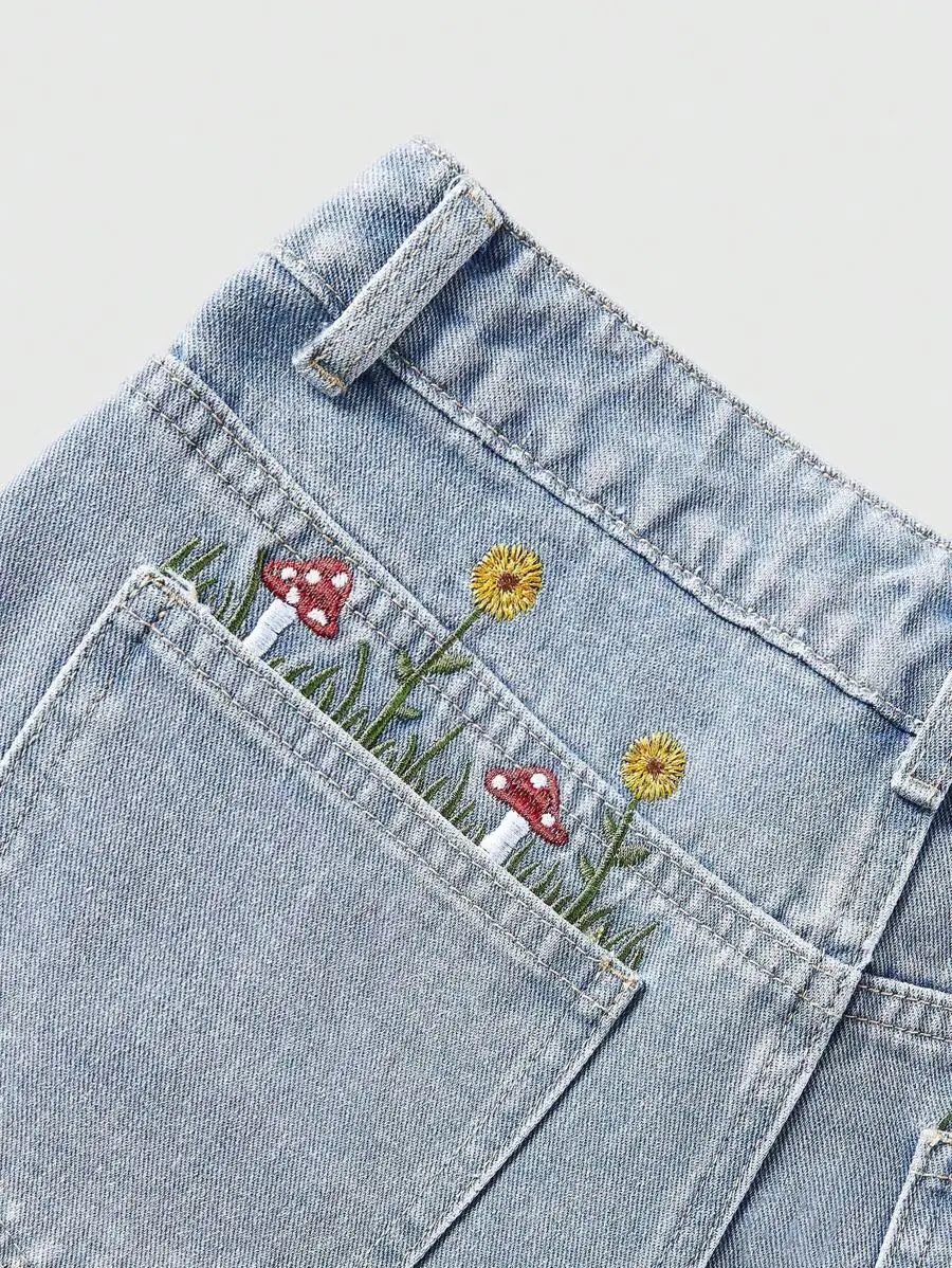 Women Casual A-Line Denim Shorts With Mushroom And Sunflower Embroidery Pocket
Women Casual A-Line Denim Shorts With Mushroom And Sunflower Embroidery Pocket