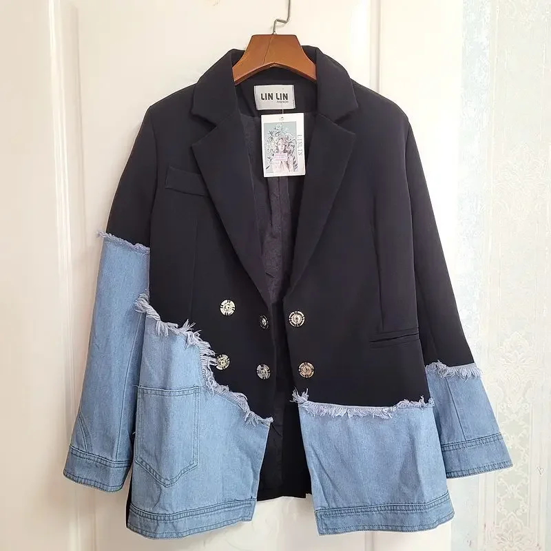 Spring Irregular Frayed Burrs Cowboy Patchwork Blazers Coat Women Loose Casual Double-breasted Long Sleeve Female Suit Jacket
Spring Irregular Frayed Burrs Cowboy Patchwork Blazers Coat Women Loose Casual Double-breasted Long Sleeve Female Suit Jacket