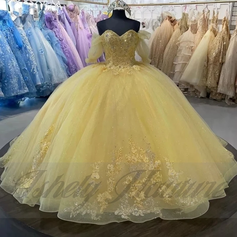 Customized Simple Cheap Yellow Off Shoulder Lace Applique Puffy Ball Long Prom Party Dress Sweet 15 16 Girl Quinceanera Vestidos
Customized Simple Cheap Yellow Off Shoulder Lace Applique Puffy Ball Long Prom Party Dress Sweet 15 16 Girl Quinceanera Vestidos