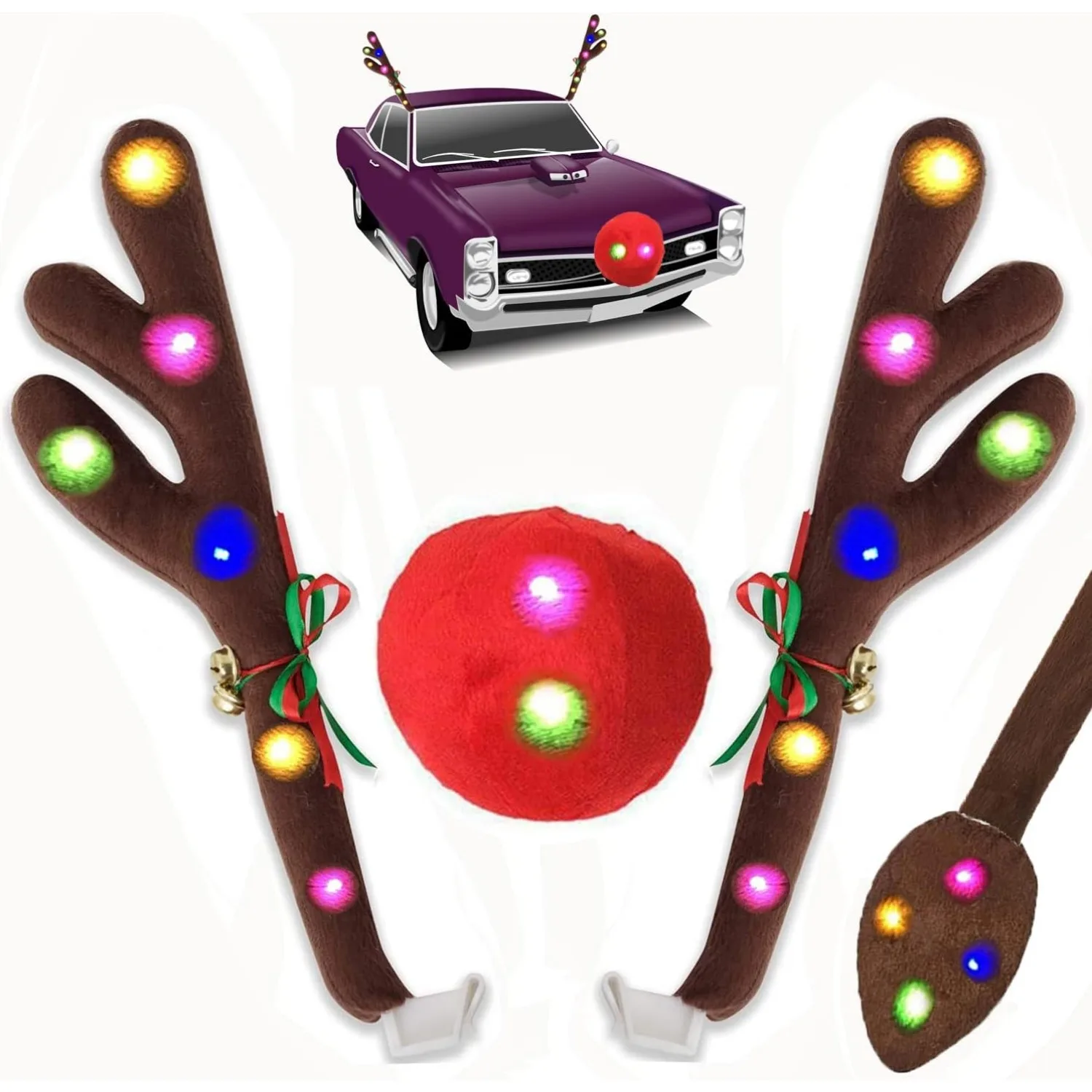 Christmas Car Reindeer Antlers Decoration Kit & LED Lights, Xmas Reindeer Kit with Jingle Bells Rudolph Reindeer, Red Nose, Tail
Christmas Car Reindeer Antlers Decoration Kit & LED Lights, Xmas Reindeer Kit with Jingle Bells Rudolph Reindeer, Red Nose, Tail
