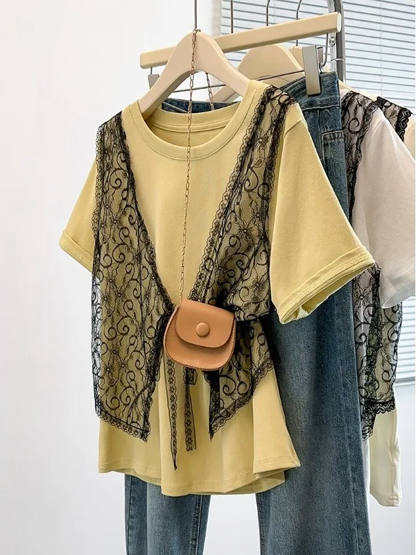 plus Size Women's Short Sleeve T-Shirt Lace Patchwork Fake Two-Piece Shoulder Length Floral Print Loose Fit Summer Top
plus Size Women's Short Sleeve T-Shirt Lace Patchwork Fake Two-Piece Shoulder Length Floral Print Loose Fit Summer Top
