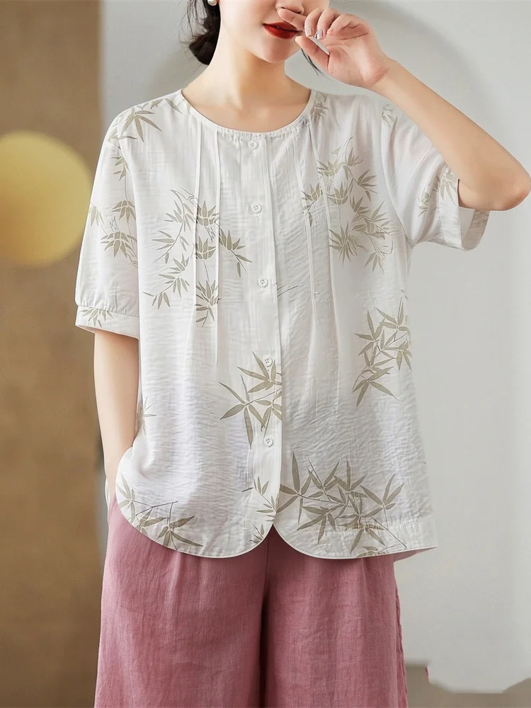 Chinese Style Bamboo Leaf Print round Neck Short Sleeve Shirt Loose Fit Summer New Arrival Women's plus Size Casual Top
Chinese Style Bamboo Leaf Print round Neck Short Sleeve Shirt Loose Fit Summer New Arrival Women's plus Size Casual Top
