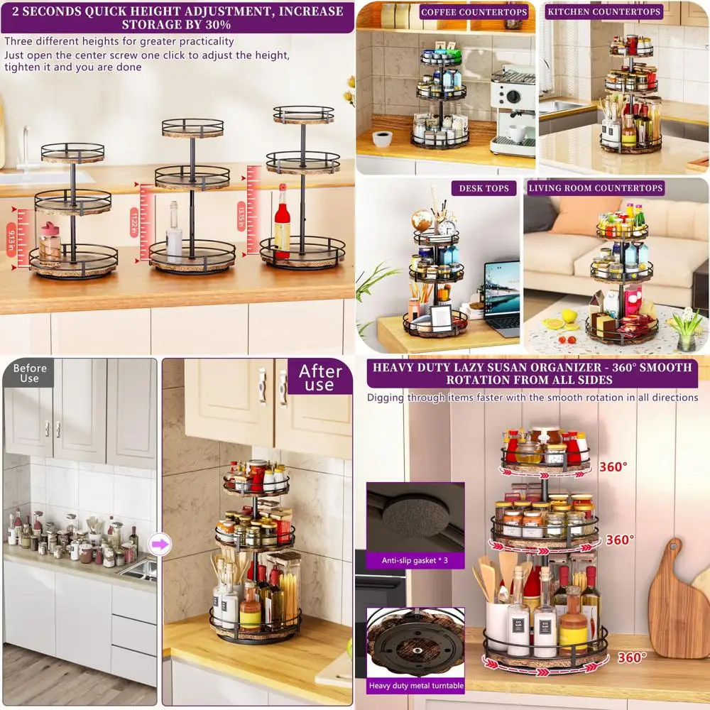 Sturdy 3-Tier Wooden Lazy Susan Spice Rack, Height Adjustable, Ideal for Kitchen Seasoning Storage Organization
Sturdy 3-Tier Wooden Lazy Susan Spice Rack, Height Adjustable, Ideal for Kitchen Seasoning Storage Organization