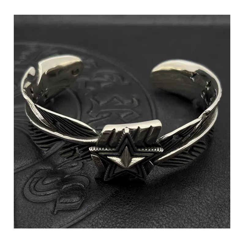 Tide Punk Hip Hop Thai Silver Vintage Feather Pentagram Large Bracelet Men's and Women's Jewelry Open Bracelet Heavy Industry
Tide Punk Hip Hop Thai Silver Vintage Feather Pentagram Large Bracelet Men's and Women's Jewelry Open Bracelet Heavy Industry