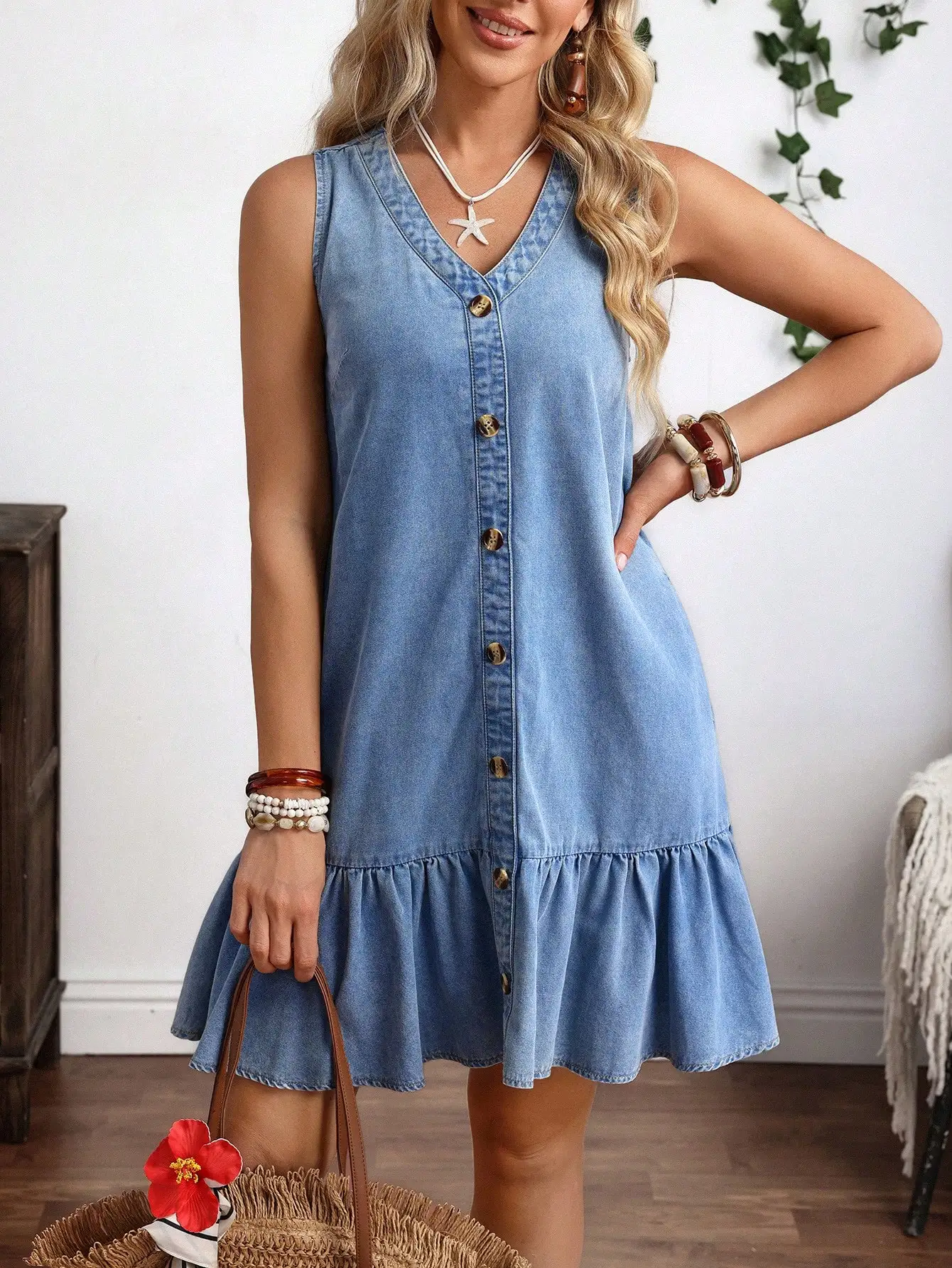 Women Solid Color Ruffle Hem Front Button Sleeveless Denim Dress
Women Solid Color Ruffle Hem Front Button Sleeveless Denim Dress