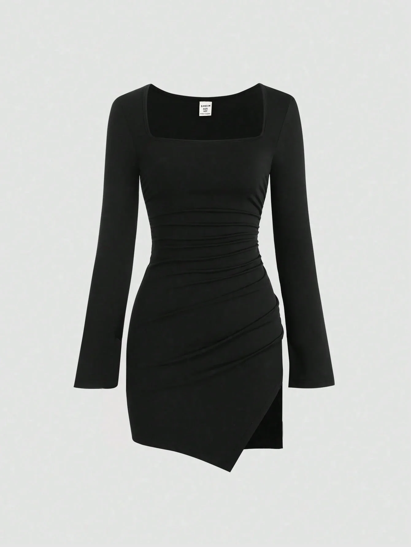 Solid Square Neck Long Sleeve Fitted Mini Dress Asymmetrical Hem
Solid Square Neck Long Sleeve Fitted Mini Dress Asymmetrical Hem