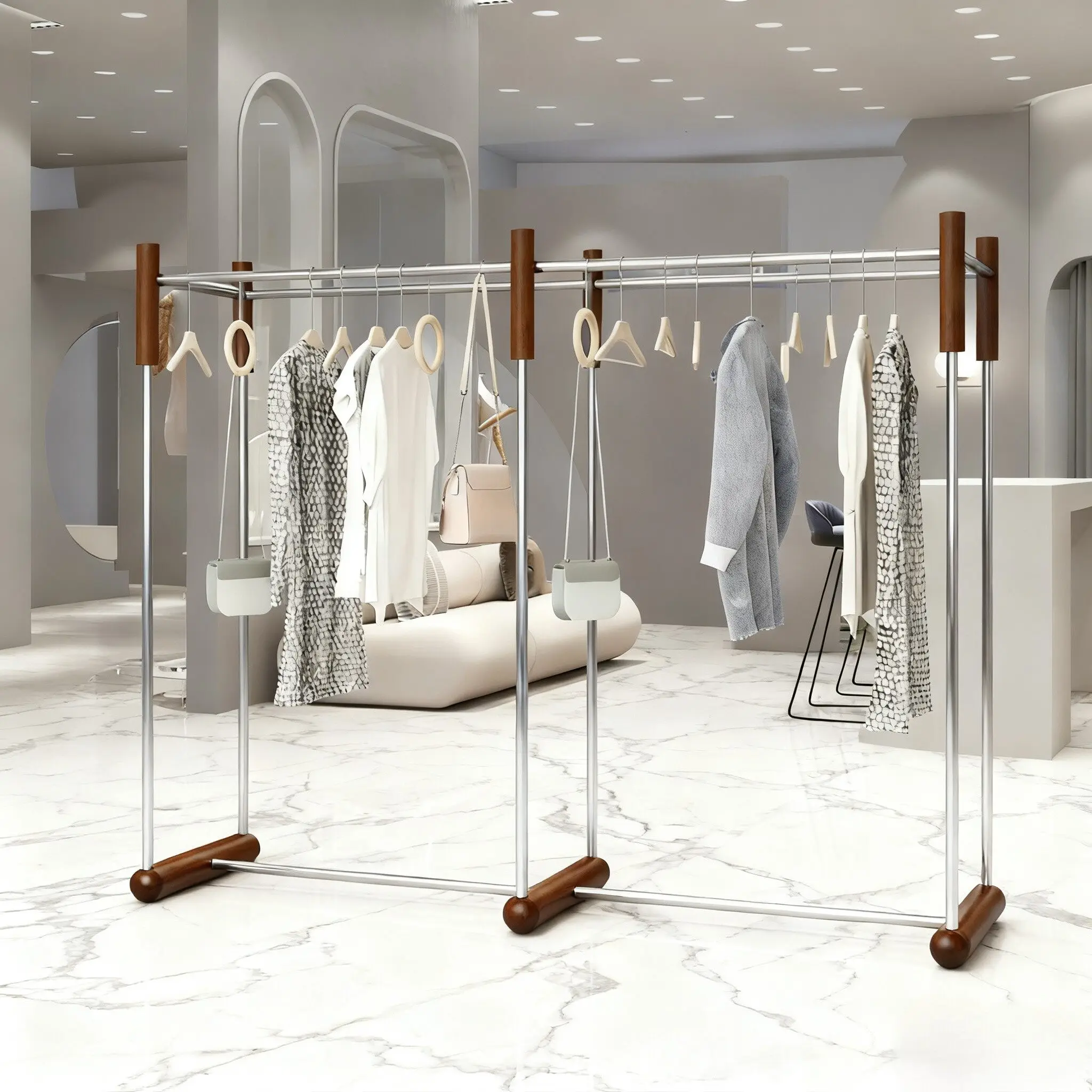 Clothing Store Nakajima Display Rack Stainless Steel Floor Display Rack Imitation Walnut Children's and Women's Clothing Store
Clothing Store Nakajima Display Rack Stainless Steel Floor Display Rack Imitation Walnut Children's and Women's Clothing Store