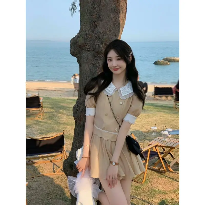 Peter Pan Collar Lace Spliced Puff Short Sleeve Shirt Women Sweet Pleated Skirt Summer Double Breasted Slim Chic Two Pieces Set
Peter Pan Collar Lace Spliced Puff Short Sleeve Shirt Women Sweet Pleated Skirt Summer Double Breasted Slim Chic Two Pieces Set