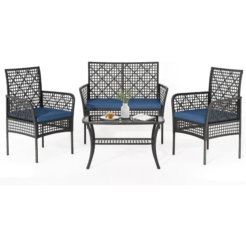 4 Piece Patio Furniture Set, Outdoor Wicker Chairs Rattan Conversation Sets with Cushions and Glass Coffee Table for Porch Garde
4 Piece Patio Furniture Set, Outdoor Wicker Chairs Rattan Conversation Sets with Cushions and Glass Coffee Table for Porch Garde