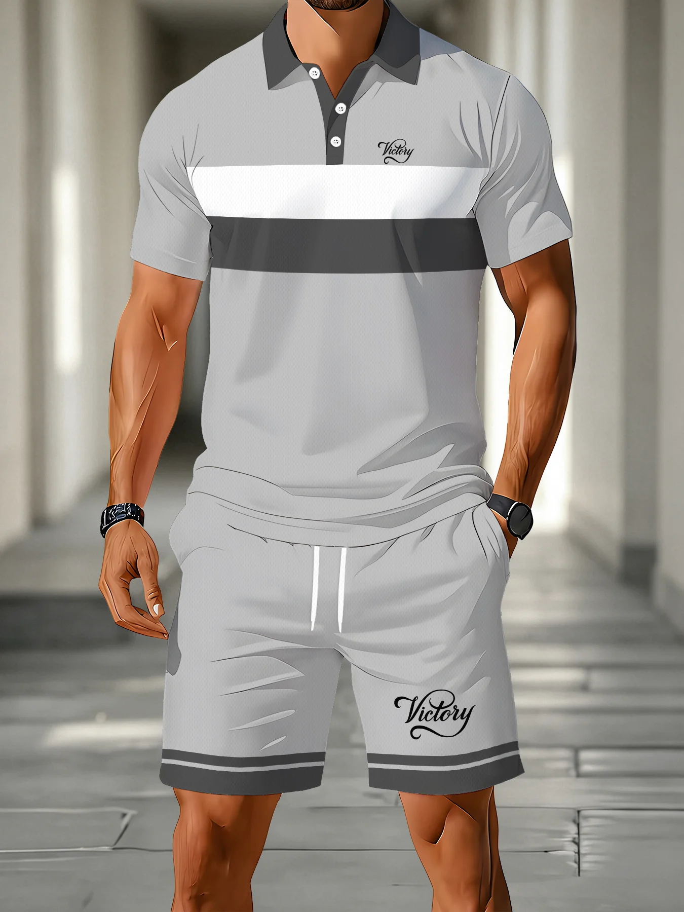 Grey and White Block Striped Mesh Men's Two-piece Set with Text Logo Lapel Top, Drawstring Shorts, Daily Beach Vacation Set
Grey and White Block Striped Mesh Men's Two-piece Set with Text Logo Lapel Top, Drawstring Shorts, Daily Beach Vacation Set
