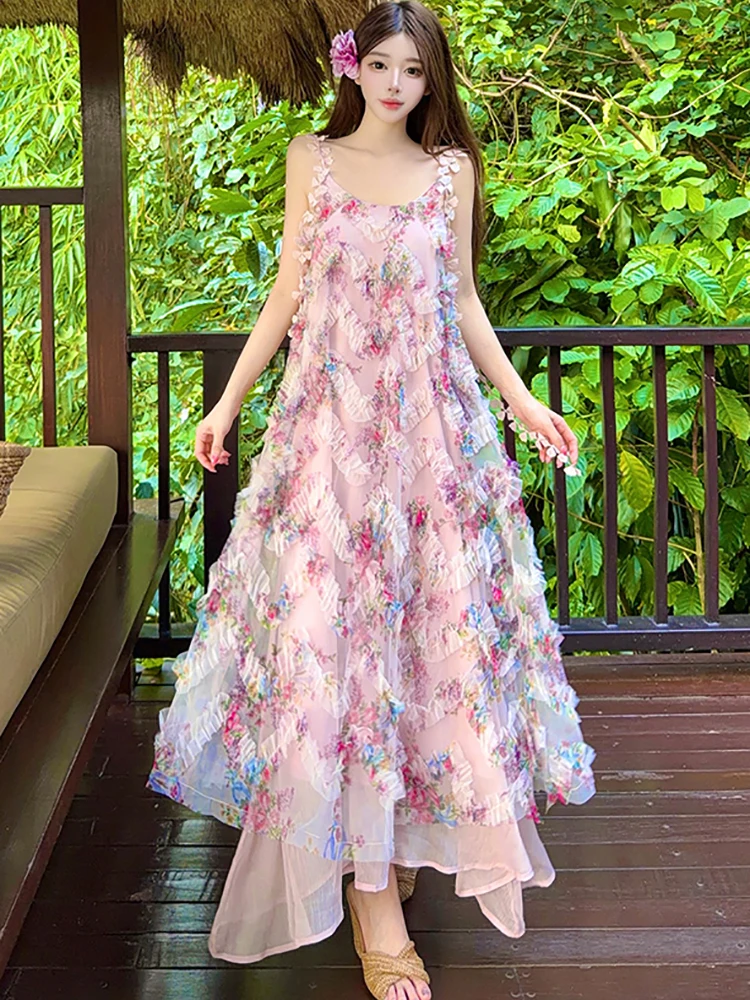 Women Boho Pink Floral Mesh Chic Ruffled Long Dress Summer Elegant Casual Sling Dress 2026 Korean Fashion Festival Evening Dress
Women Boho Pink Floral Mesh Chic Ruffled Long Dress Summer Elegant Casual Sling Dress 2026 Korean Fashion Festival Evening Dress