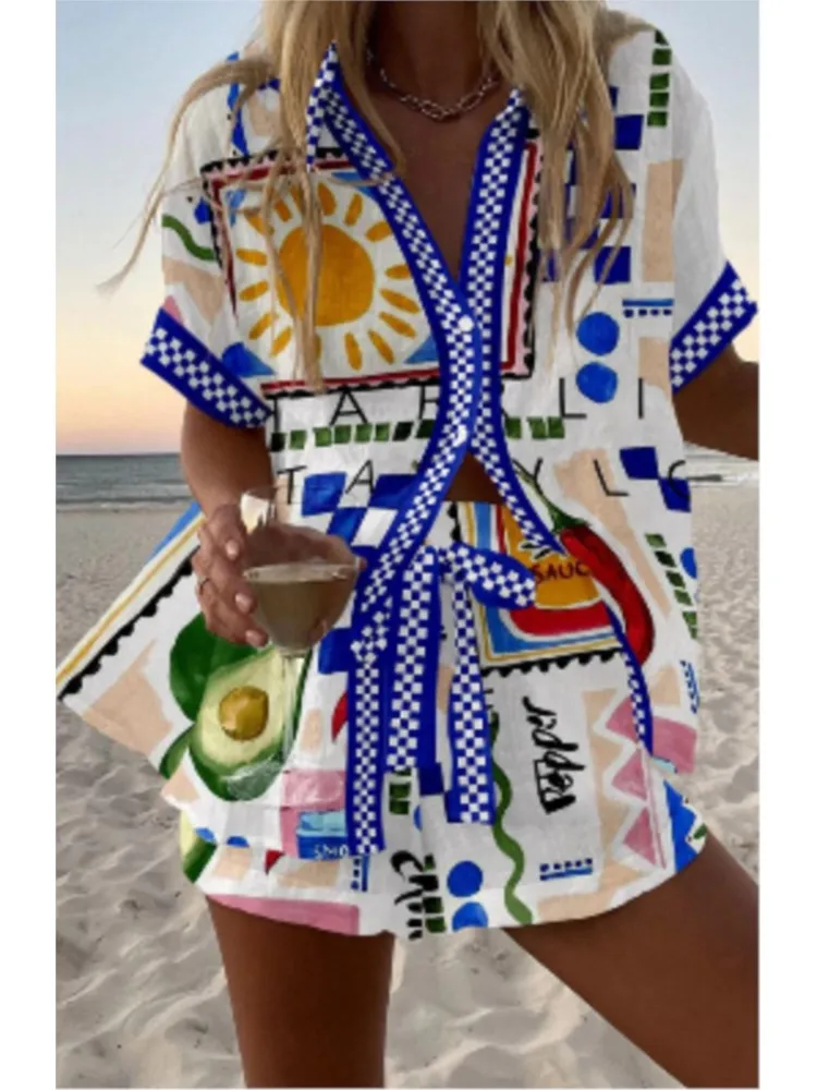 Fashion Casual Printed Two Piece Set Women Summer Comfort Holiday Color Colorful Button Short Sleeves Shirts And Shorts 2 Sets
Fashion Casual Printed Two Piece Set Women Summer Comfort Holiday Color Colorful Button Short Sleeves Shirts And Shorts 2 Sets