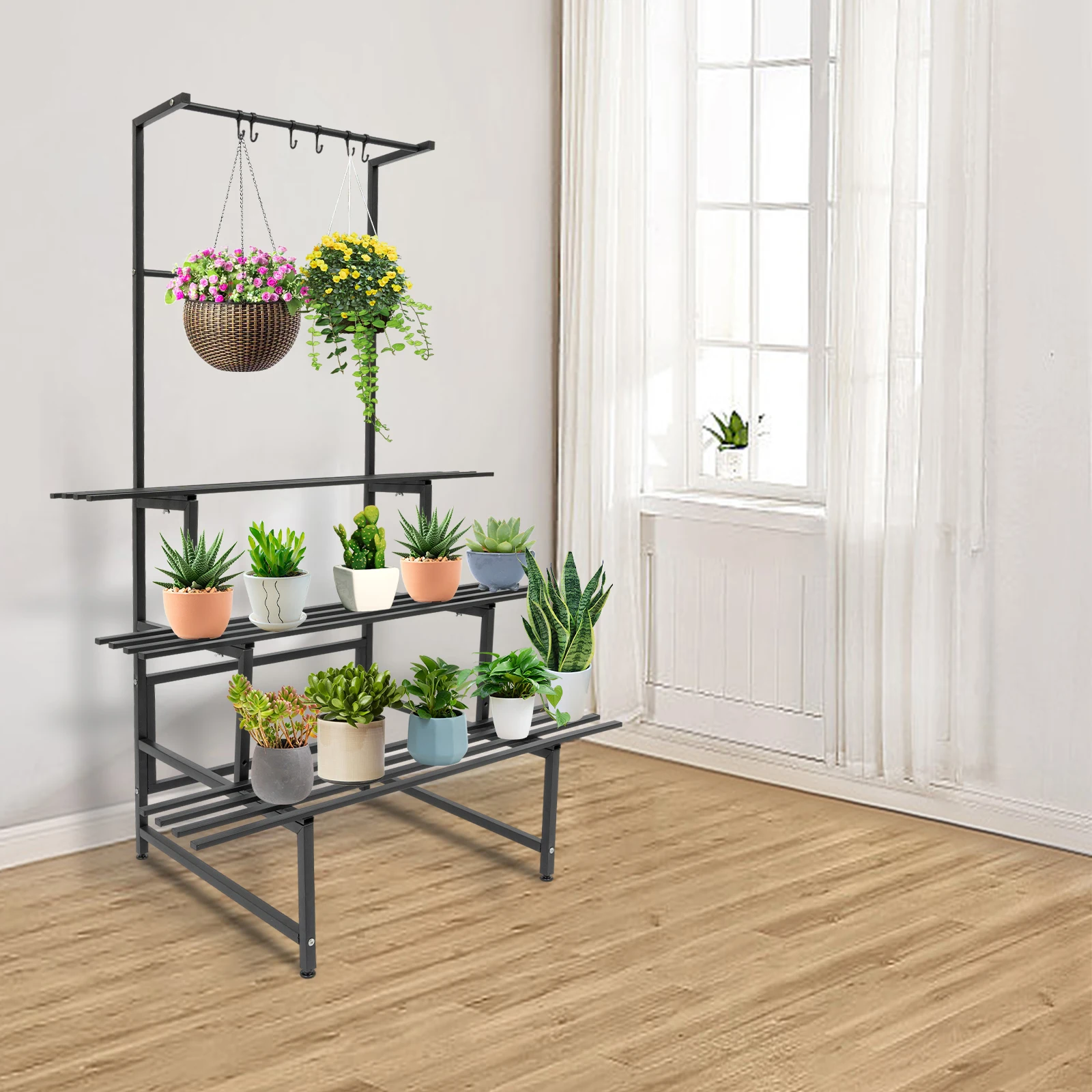 3 Tier Tall Plant Stand with Hanging Rods, 100cm Multi-Tier Flower Plant Shelf, Metal Plant Holder for Indoor Outdoor Garden
3 Tier Tall Plant Stand with Hanging Rods, 100cm Multi-Tier Flower Plant Shelf, Metal Plant Holder for Indoor Outdoor Garden