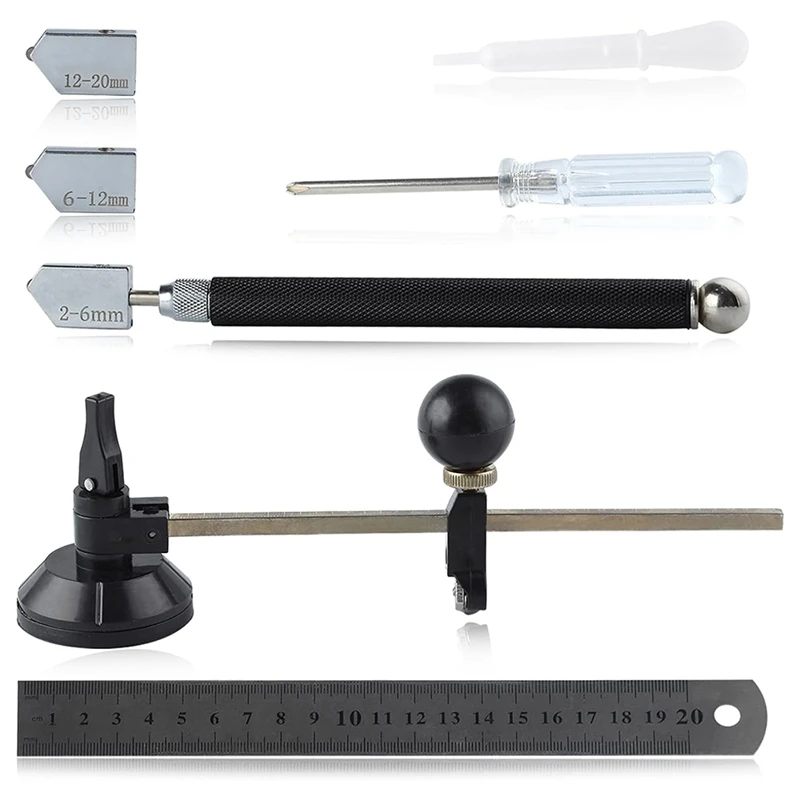7 Pieces Adjustable Circular Glass Cutter Tool Set With Round Knob Handle And Suction Cup
7 Pieces Adjustable Circular Glass Cutter Tool Set With Round Knob Handle And Suction Cup
