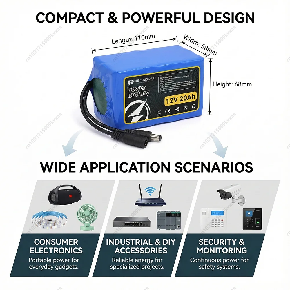12V 20Ah 18650 Rechargeable Battery Pack 3S6P Li-ion DC 5.5*2.1mm Connector for Wireless Camera Monitor LED Strip with BMS
12V 20Ah 18650 Rechargeable Battery Pack 3S6P Li-ion DC 5.5*2.1mm Connector for Wireless Camera Monitor LED Strip with BMS