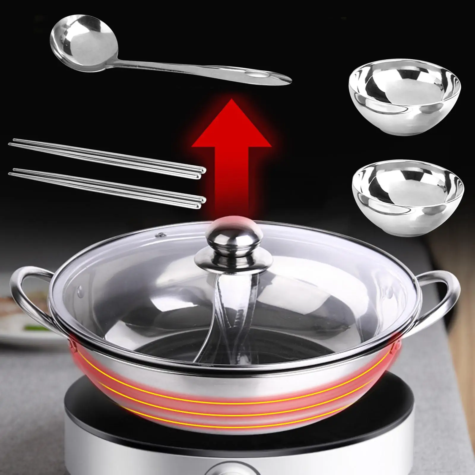 Stainless Steel Hot Pot Pan with Divider with Bowls, Spoon, and Chopsticks Dual Sided Soup Stockpot for Electric Cooker Kitchen
Stainless Steel Hot Pot Pan with Divider with Bowls, Spoon, and Chopsticks Dual Sided Soup Stockpot for Electric Cooker Kitchen