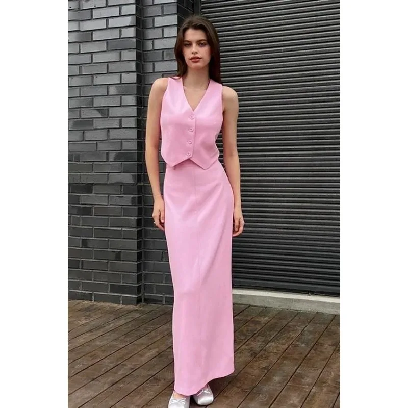 Women's Pink 2-Piece Vest Maxi Skirt Set V-Neck Sleeveless Split Hem Summer Outfit
Women's Pink 2-Piece Vest Maxi Skirt Set V-Neck Sleeveless Split Hem Summer Outfit