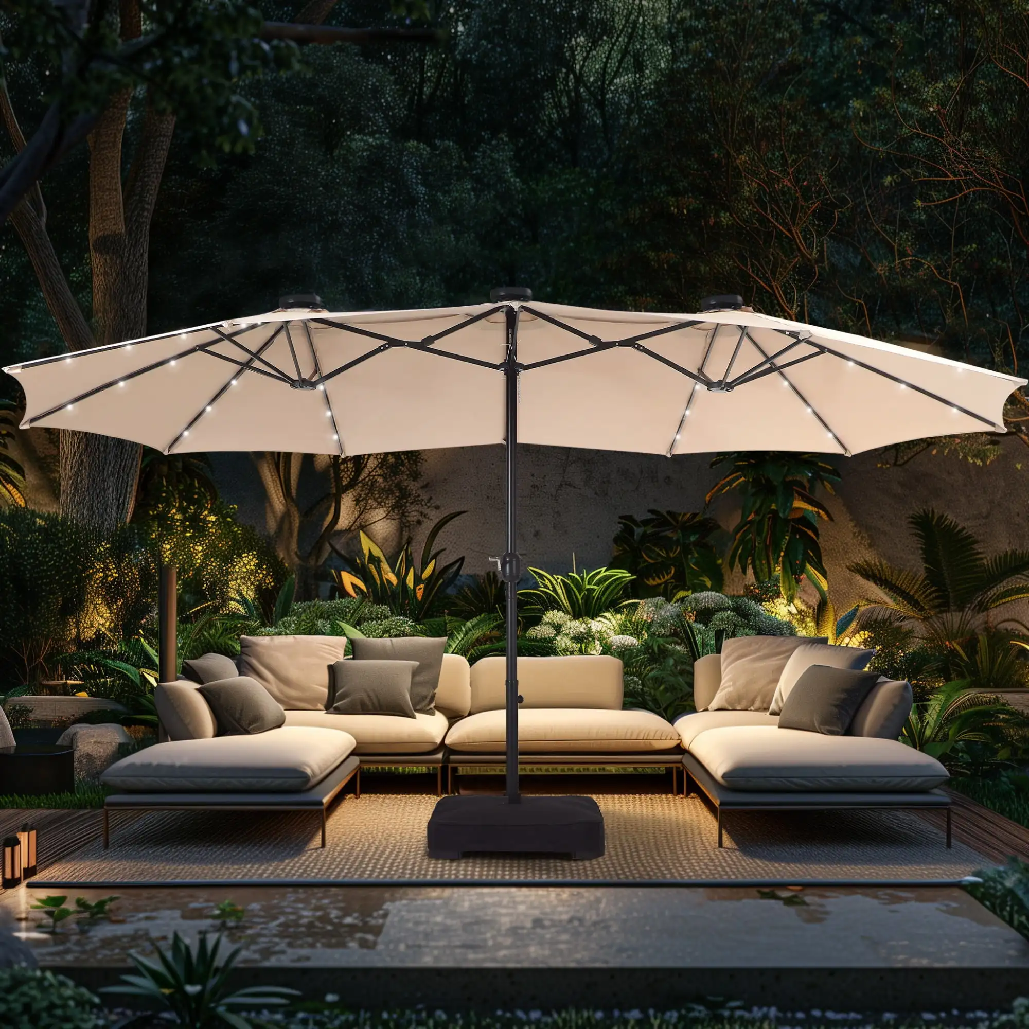 15ft Extra Large Outdoor Patio Double-Sided Umbrella with LED Solar Lights & Umbrella Base
15ft Extra Large Outdoor Patio Double-Sided Umbrella with LED Solar Lights & Umbrella Base
