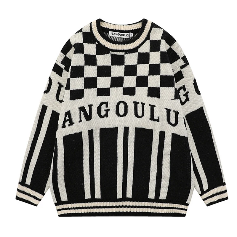 Japanese Retro Plaid Letter Crew Neck Knit Sweater Men Women Pullovers High Street Oversize Loose Casual Autumn Sweaters Hombre
Japanese Retro Plaid Letter Crew Neck Knit Sweater Men Women Pullovers High Street Oversize Loose Casual Autumn Sweaters Hombre