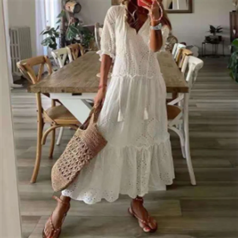 Women's 2025 Spring Summer White Lantern Sleeve Dress - V Neck Embroidered Cotton Maxi,Boho Beach Dress with Slit Tie Detail
Women's 2025 Spring Summer White Lantern Sleeve Dress - V Neck Embroidered Cotton Maxi,Boho Beach Dress with Slit Tie Detail