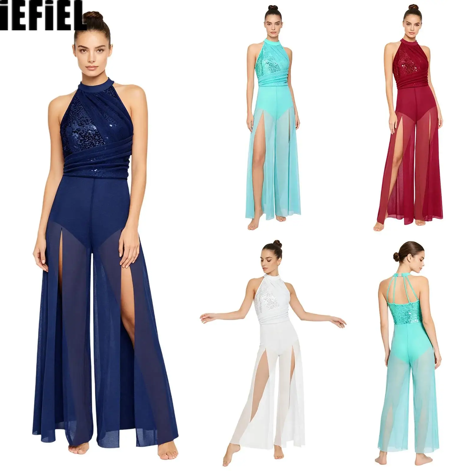 Women Lyric Modern Dance Jumpsuit Halter Mock Neck Sleeveless Sequin Top Bodice Back Mesh Split Wide-leg One-piece Bodysuit
Women Lyric Modern Dance Jumpsuit Halter Mock Neck Sleeveless Sequin Top Bodice Back Mesh Split Wide-leg One-piece Bodysuit