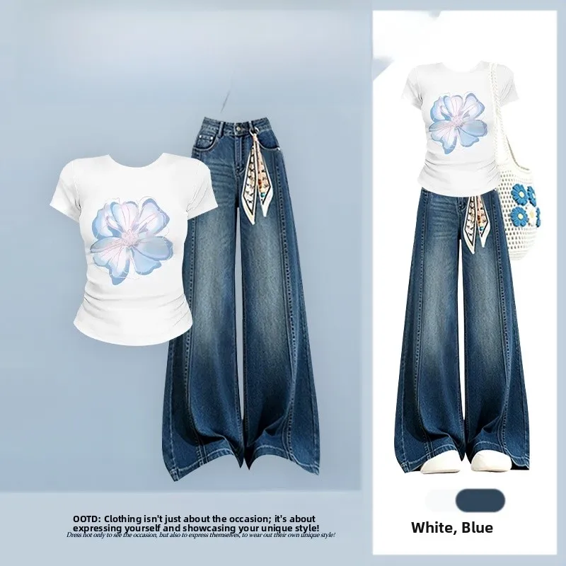 Summer New Gentle Style Versatile Print Top Slimming Straight Jeans Two-Piece Set Fashionable Women's Ensemble Short Sleeve
Summer New Gentle Style Versatile Print Top Slimming Straight Jeans Two-Piece Set Fashionable Women's Ensemble Short Sleeve