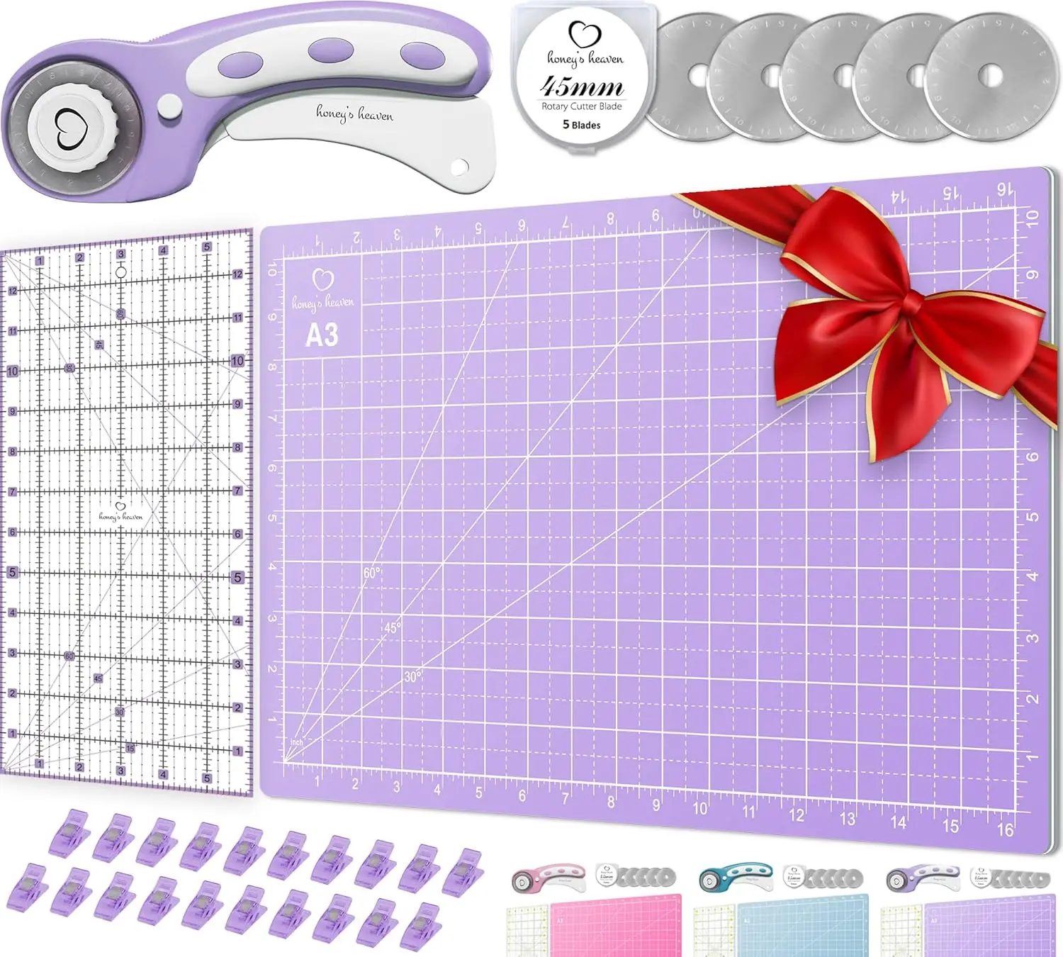 Rotary Cutter Set Lavender - 45mm Fabric Cutter, 5 Blades, A3 Mat, Acrylic Ruler & Craft Clips for Sewing, Quilting, Patchwork
Rotary Cutter Set Lavender - 45mm Fabric Cutter, 5 Blades, A3 Mat, Acrylic Ruler & Craft Clips for Sewing, Quilting, Patchwork