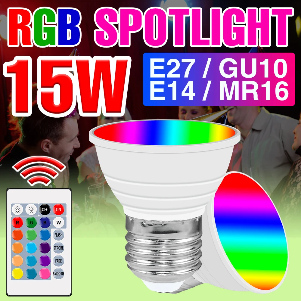 15W RGB LED Bulb E27 Smart Lamp E14 IR Remote Control Dimmable Colorful Spotlight GU10 For Home Atmosphere Decor MR16 Neon Light
15W RGB LED Bulb E27 Smart Lamp E14 IR Remote Control Dimmable Colorful Spotlight GU10 For Home Atmosphere Decor MR16 Neon Light