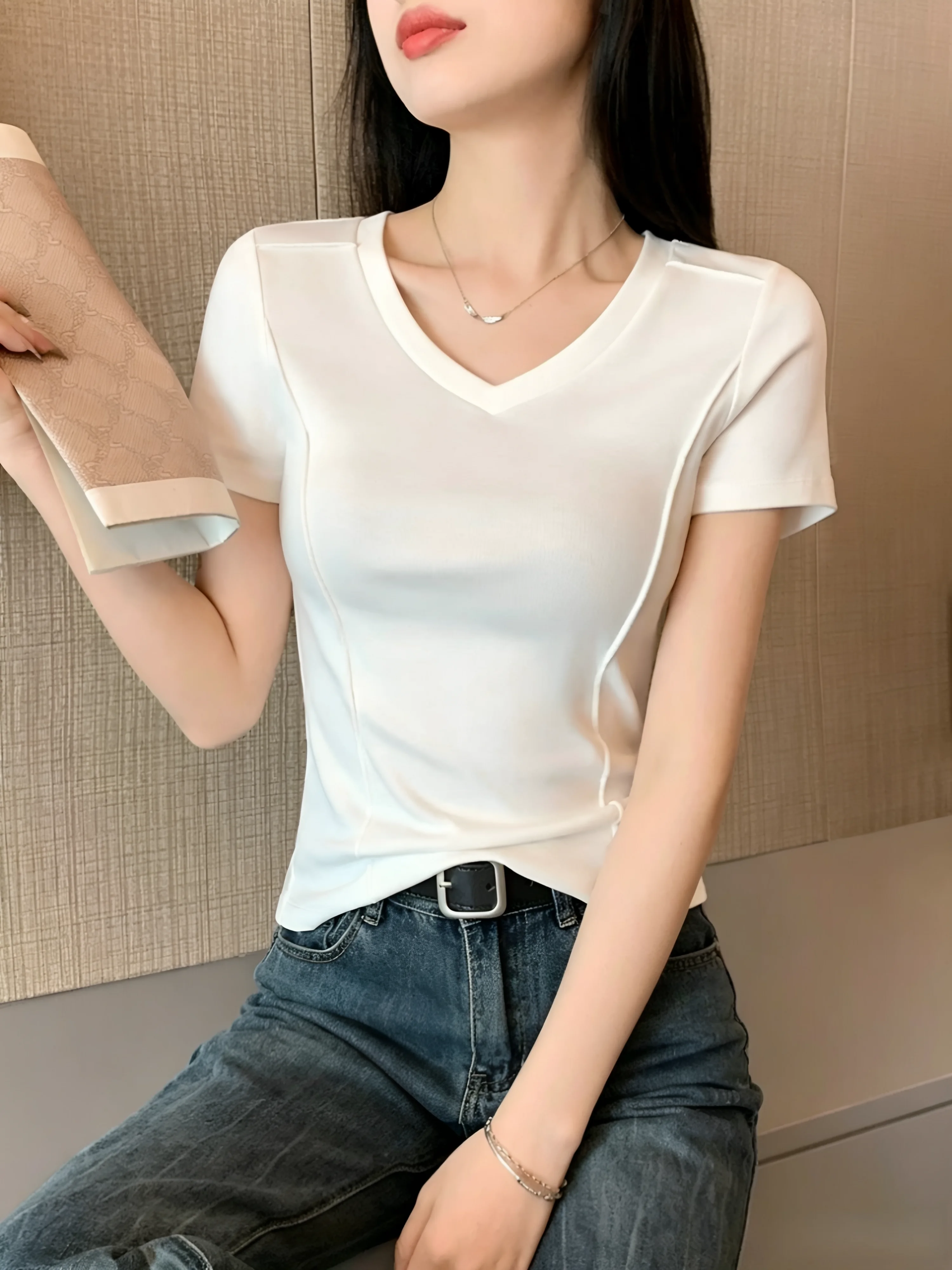 Slim Fit Short Sleeve V-Neck T-Shirt 95 Cotton Summer New Style plus Size Women's Pure Color Versatile Fishbone Top
Slim Fit Short Sleeve V-Neck T-Shirt 95 Cotton Summer New Style plus Size Women's Pure Color Versatile Fishbone Top