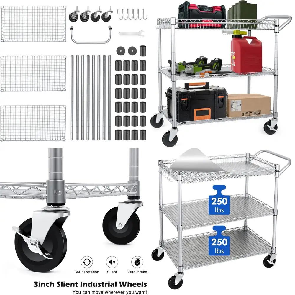 Sturdy 3-Tier Rolling Utility Cart, Heavy-Duty Wire Cart with Shelves and Metal Handle for Kitchen, Office, Hardware Use (750 lb
Sturdy 3-Tier Rolling Utility Cart, Heavy-Duty Wire Cart with Shelves and Metal Handle for Kitchen, Office, Hardware Use (750 lb