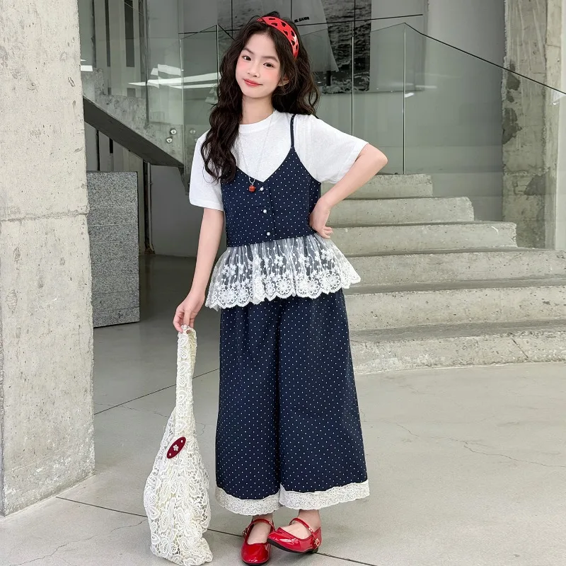 Girls Suit Summer 2026 Sweet Cute White T-Shirt Polka Dot Lace Camisole And Wide Leg Pants Three Piece Set Children's Clothing
Girls Suit Summer 2026 Sweet Cute White T-Shirt Polka Dot Lace Camisole And Wide Leg Pants Three Piece Set Children's Clothing