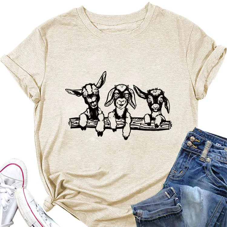 Summer short sleeve T-shirt three sheep by wood printed round neck loose casual top
Summer short sleeve T-shirt three sheep by wood printed round neck loose casual top