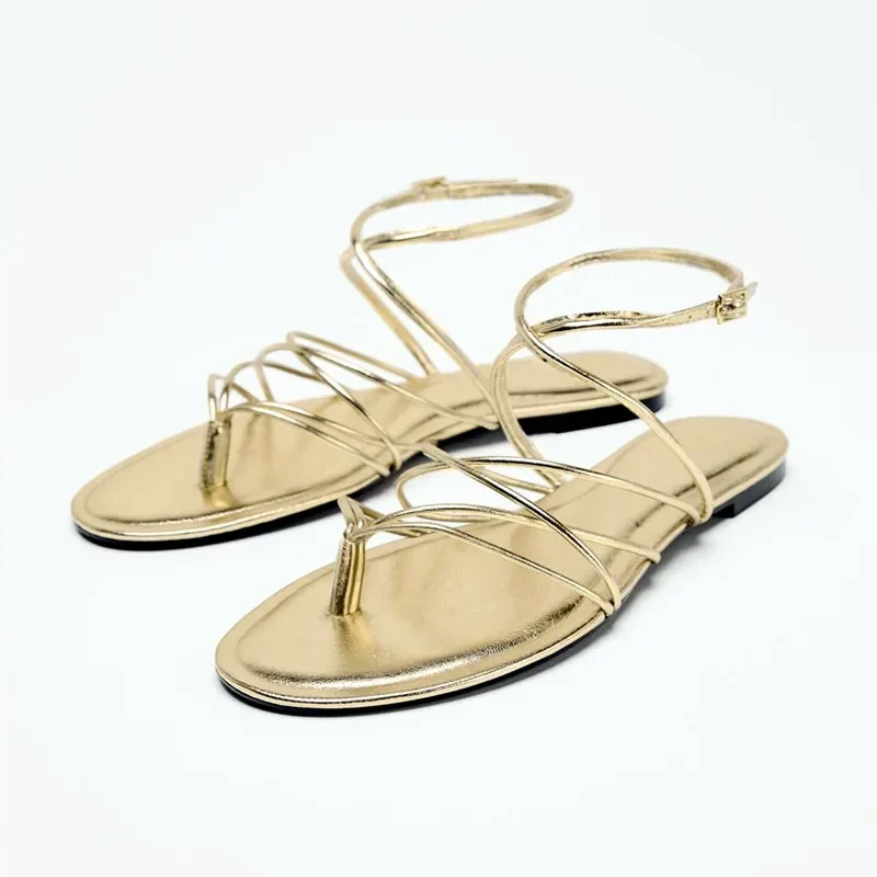Sexy Cross Narrow Strap Design Gold Flat Sandals Women Summer Open Toe Ankle Strap Flip Flops Casual Outdoor Beach Sandals 
Sexy Cross Narrow Strap Design Gold Flat Sandals Women Summer Open Toe Ankle Strap Flip Flops Casual Outdoor Beach Sandals