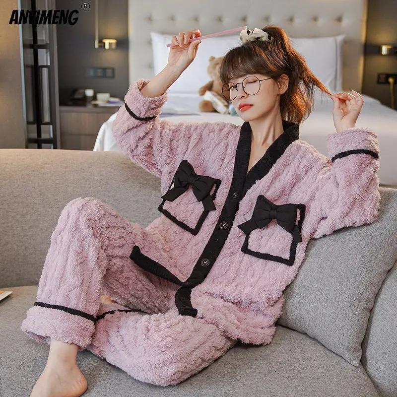 Winter Thick Soft Flannel Pajamas Set for Women Japanese Kimono Style Girls Cardigan Teddy Sleepwear V-neck Thermal Lady Pyjamas
Winter Thick Soft Flannel Pajamas Set for Women Japanese Kimono Style Girls Cardigan Teddy Sleepwear V-neck Thermal Lady Pyjamas