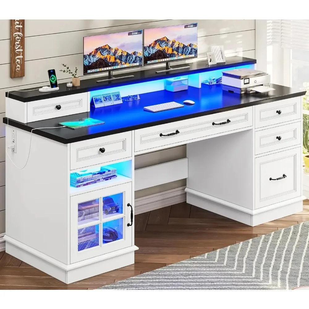 Computer Desk Home Office Desk with Drawers & Storage Cabinet, Writing Desk with Charging Station & LED Lights, White
Computer Desk Home Office Desk with Drawers & Storage Cabinet, Writing Desk with Charging Station & LED Lights, White