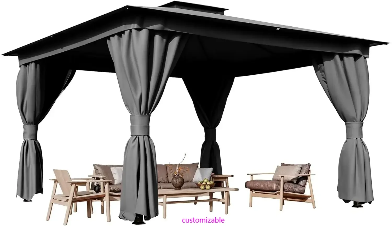 Outdoor 10'x13' Grey Patio Gazebo, Metal Frame Canopy with Double Roofs, Heavy Duty Pavilion with Curtains and Nettings for Deck 
Outdoor 10'x13' Grey Patio Gazebo, Metal Frame Canopy with Double Roofs, Heavy Duty Pavilion with Curtains and Nettings for Deck