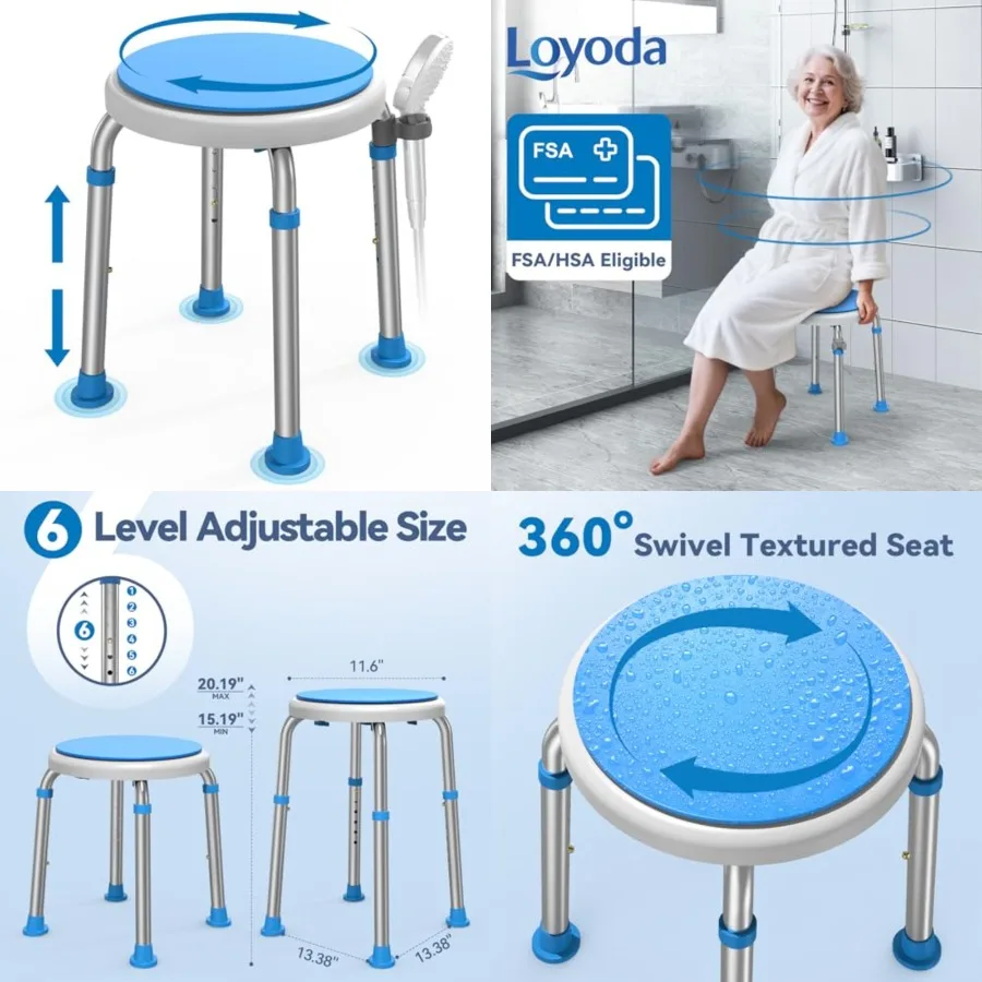 FSA/HSA Eligible Swivel Shower Stool with Adjustable Height, Anti-Slip Round Shower Chair for Inside Shower, Tool Free Assembly
FSA/HSA Eligible Swivel Shower Stool with Adjustable Height, Anti-Slip Round Shower Chair for Inside Shower, Tool Free Assembly