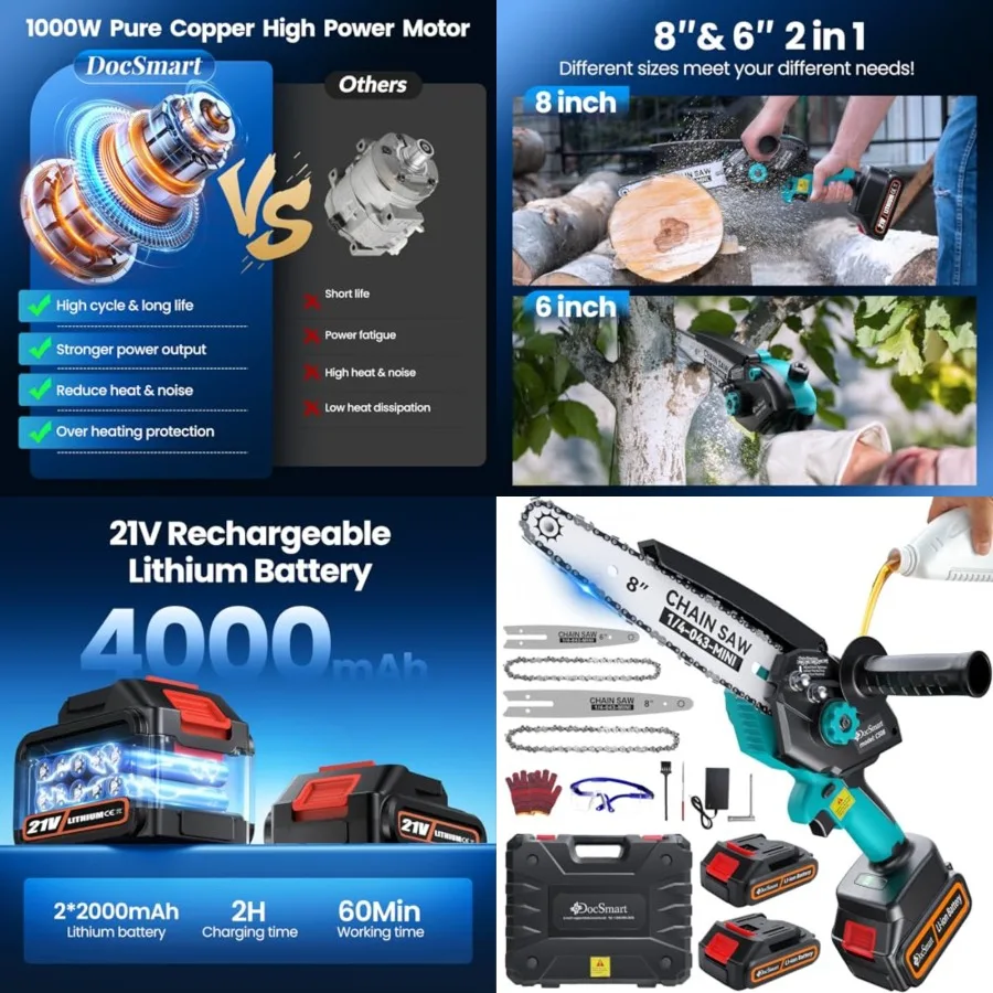 Electric Hand Saw for Pruning Small Trees, Brushless 8 inch and 6 inch Portable Mini Chainsaw with 2 Rechargeable Batteries, 10
Electric Hand Saw for Pruning Small Trees, Brushless 8 inch and 6 inch Portable Mini Chainsaw with 2 Rechargeable Batteries, 10