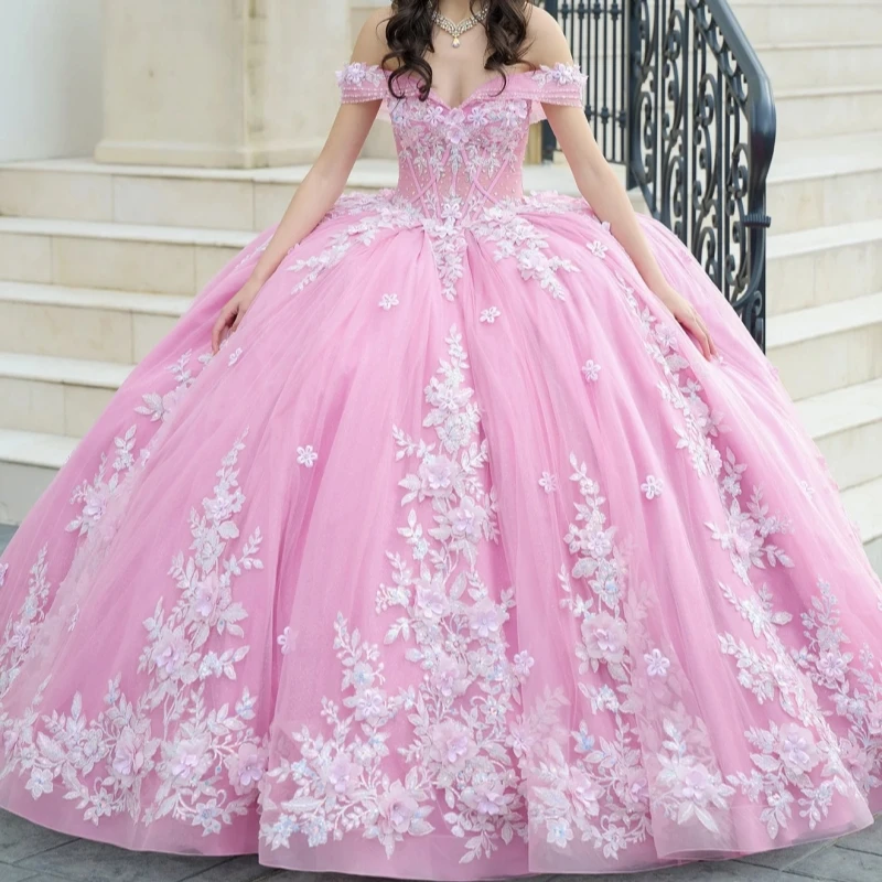 Pink Shiny Quinceanera Dresses Ball Gown Off The Shoulder Applique Flower Beading Crystal Tull Sweet 16 Dress Vestidos 15 De
Pink Shiny Quinceanera Dresses Ball Gown Off The Shoulder Applique Flower Beading Crystal Tull Sweet 16 Dress Vestidos 15 De