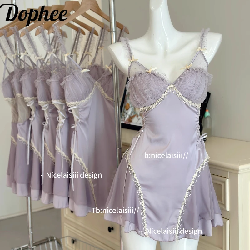 Dophee New Spring Summer Satin Chest Pad Suspender Mini Dress Women Nightgowns Cute Bow Sexy V-neck Lace Underwear Night Dress
Dophee New Spring Summer Satin Chest Pad Suspender Mini Dress Women Nightgowns Cute Bow Sexy V-neck Lace Underwear Night Dress