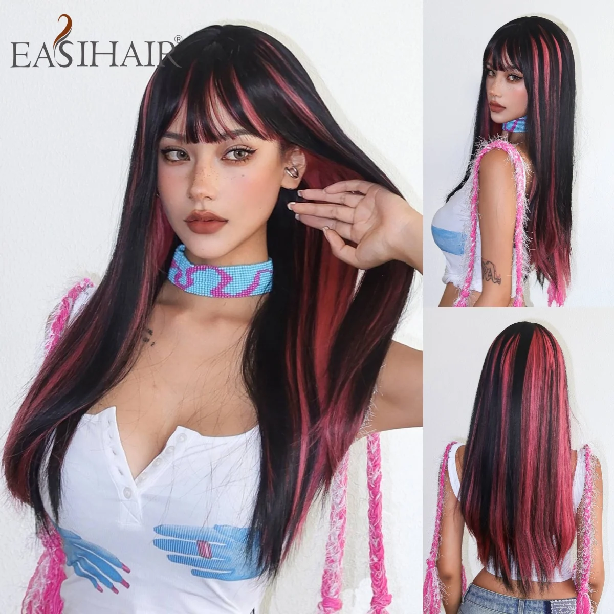 Easihair Black and Pink Highlight Long Straight Wig With Bangs Heat Resistant Synthetic Hair Y2K Style Wigs for Women Cosplay
Easihair Black and Pink Highlight Long Straight Wig With Bangs Heat Resistant Synthetic Hair Y2K Style Wigs for Women Cosplay