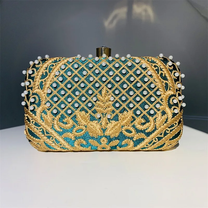 Vintage Green Evening Clutch with Gold Embroidery Luxury Pearl Beading Purse Ethnic Wedding Party Contrast Color Box Handbag
Vintage Green Evening Clutch with Gold Embroidery Luxury Pearl Beading Purse Ethnic Wedding Party Contrast Color Box Handbag