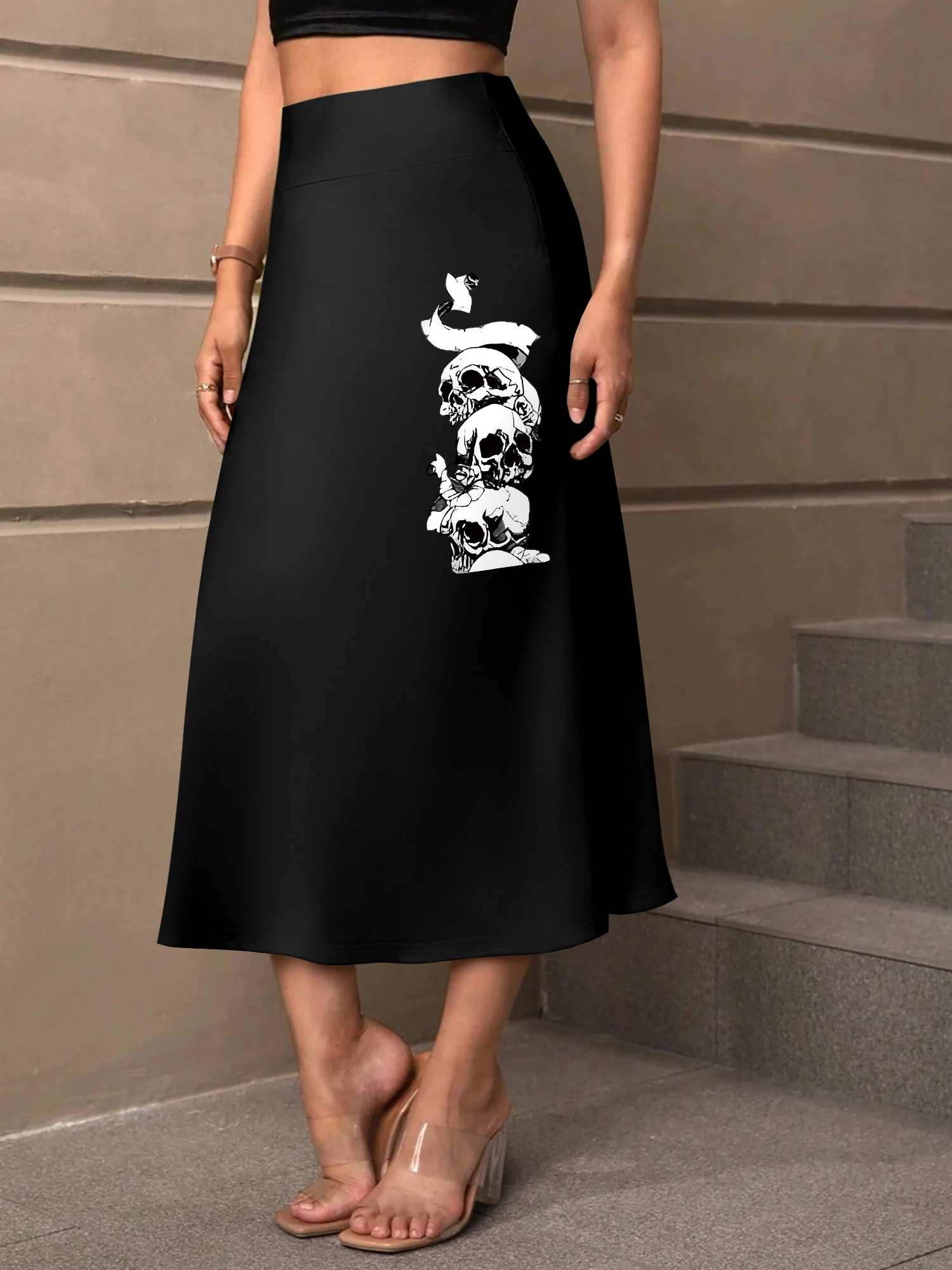 Trendy High Waist Swing Midi Skirt, Stacked Skull Vintage Print Mid-calf A-line Skirt, Comfort Stretch Casual Ladies Bottom
Trendy High Waist Swing Midi Skirt, Stacked Skull Vintage Print Mid-calf A-line Skirt, Comfort Stretch Casual Ladies Bottom